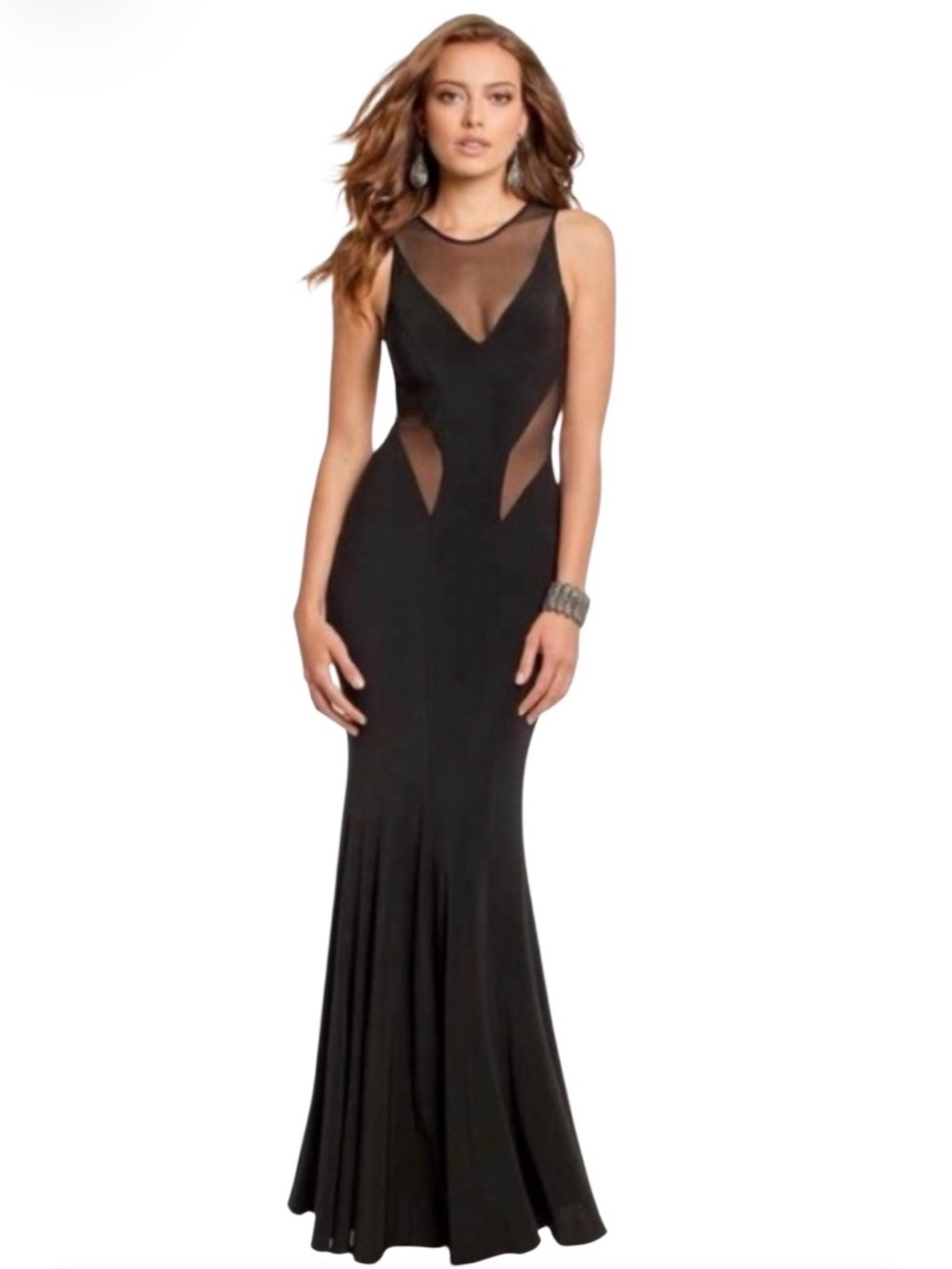 Betsy & Adam Black Evening Gown Sheer Panel Mermaid Dress 0